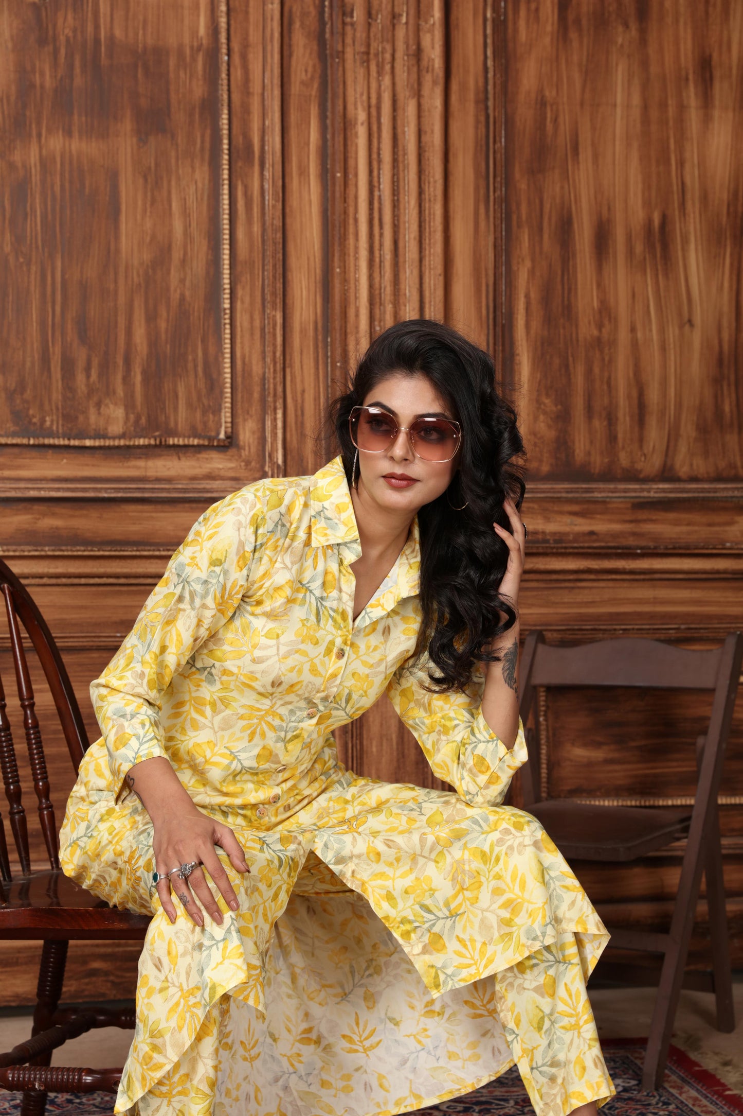 yellow floral printed rayon co-ord set