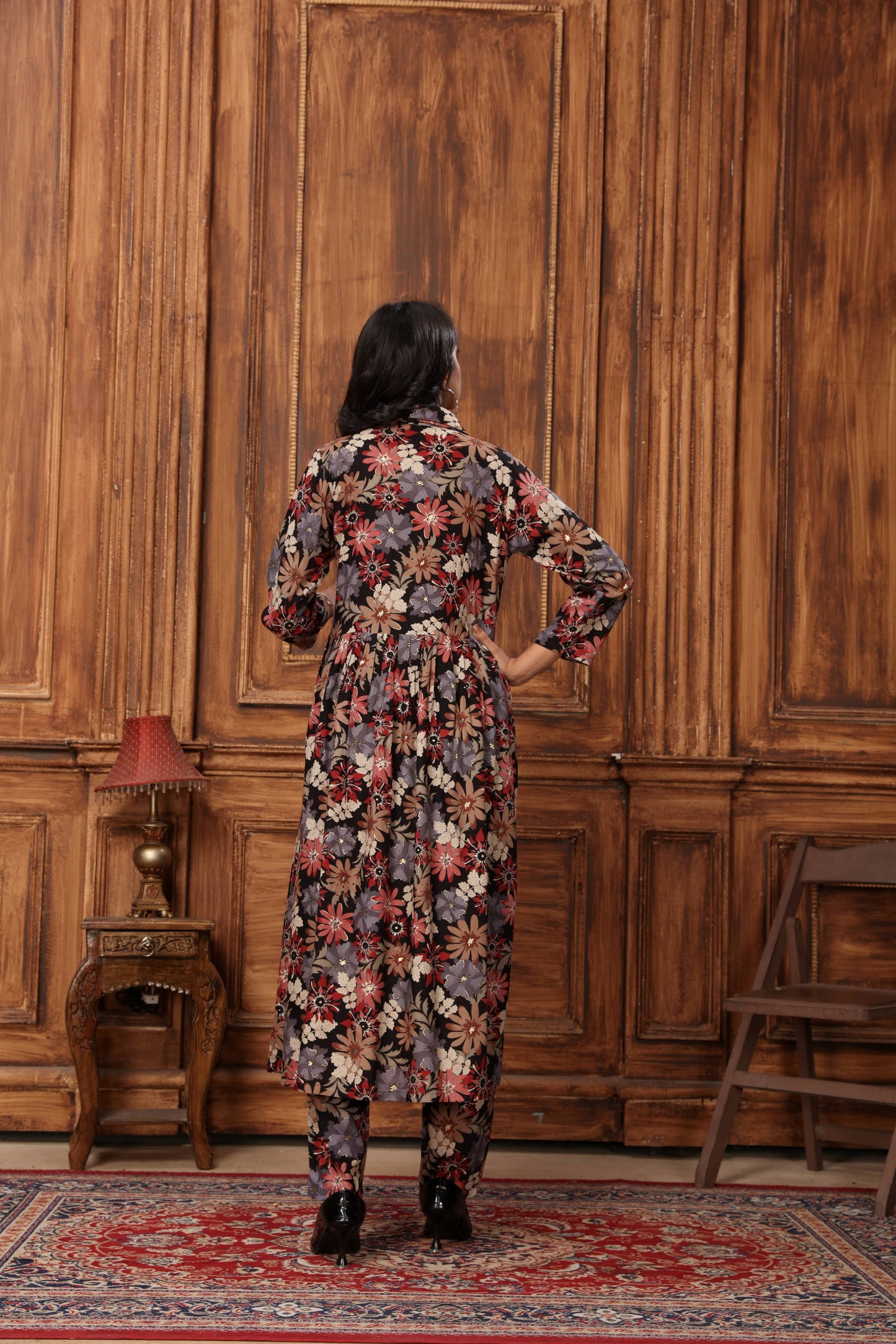 black floral printed rayon co-ord set