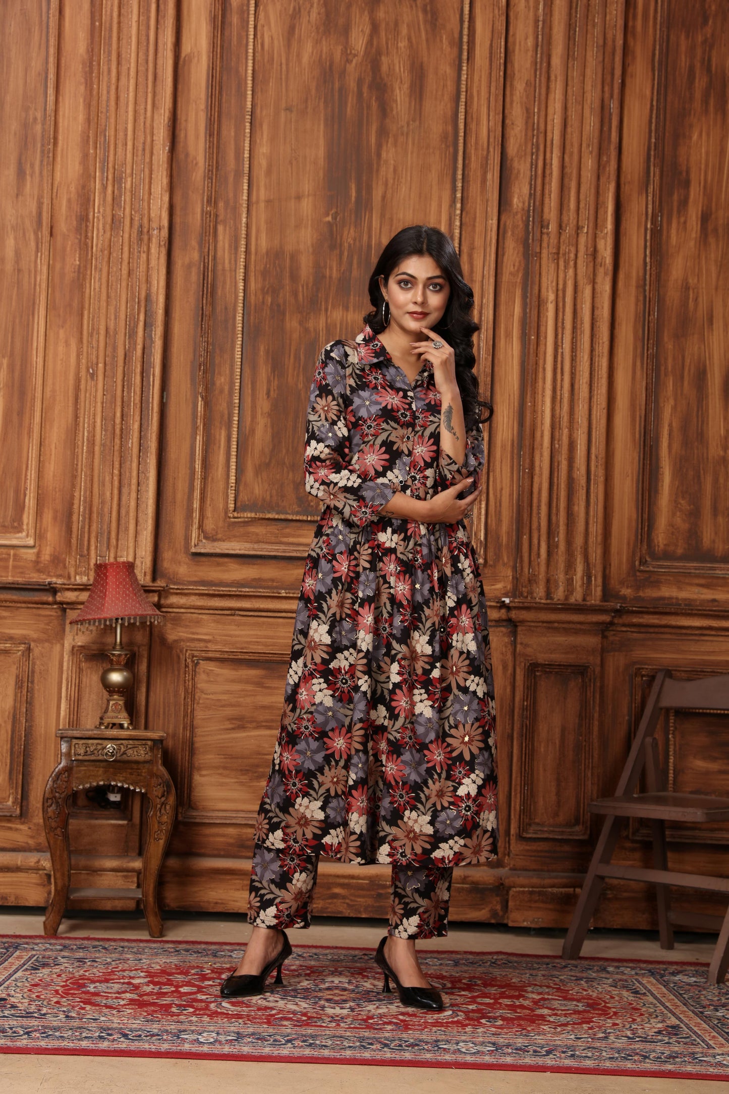 black floral printed rayon co-ord set