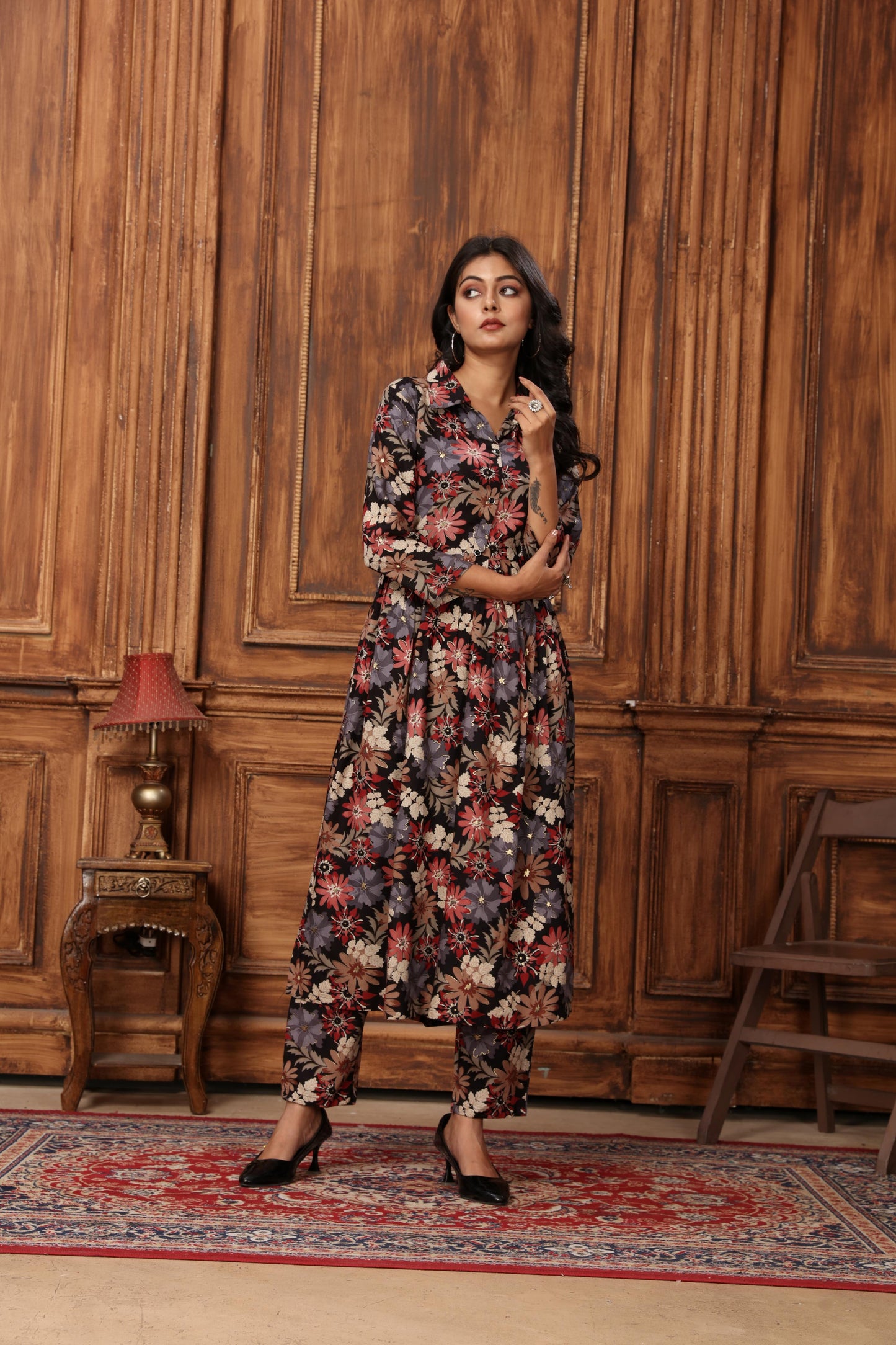 black floral printed rayon co-ord set