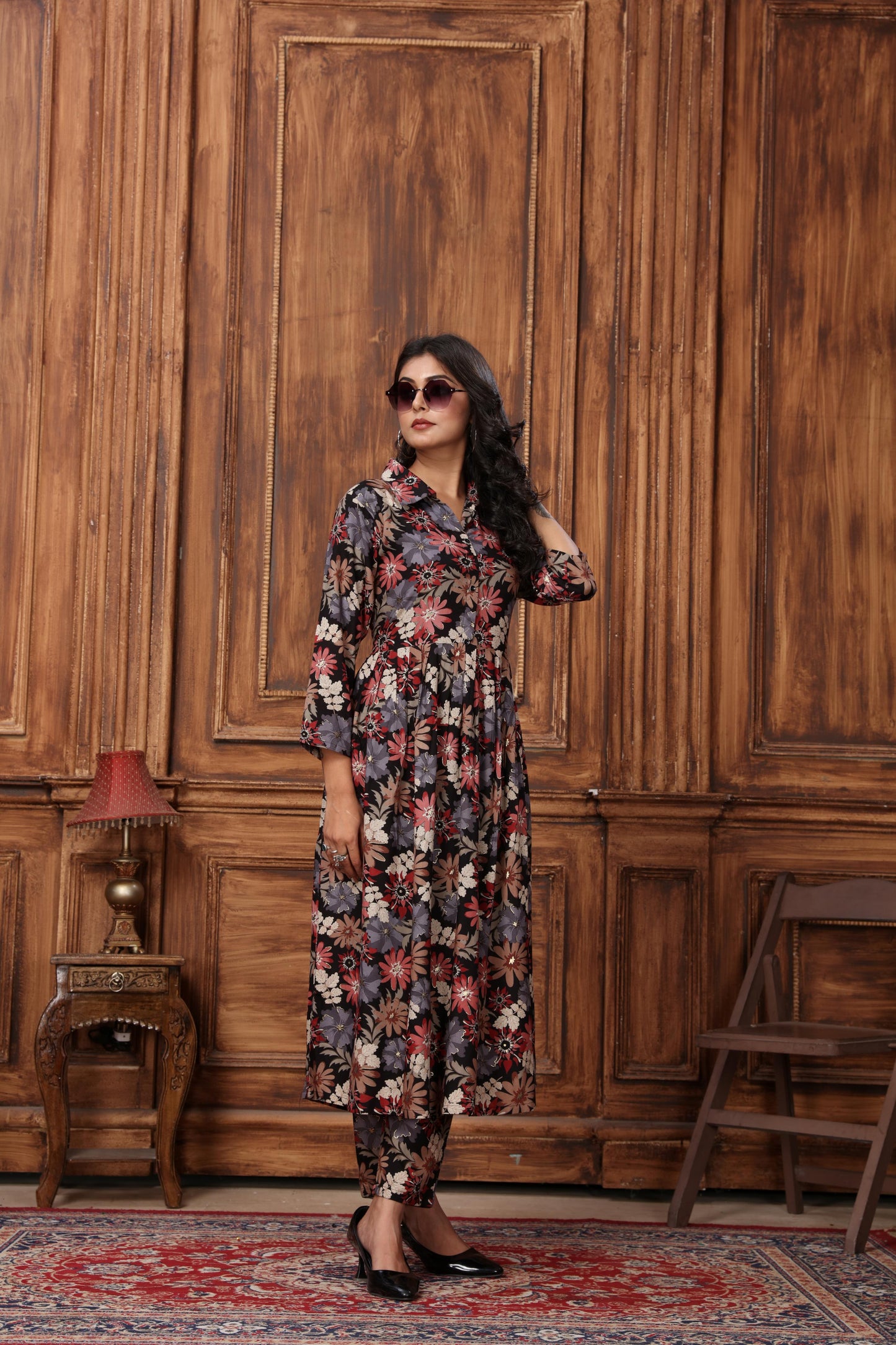black floral printed rayon co-ord set