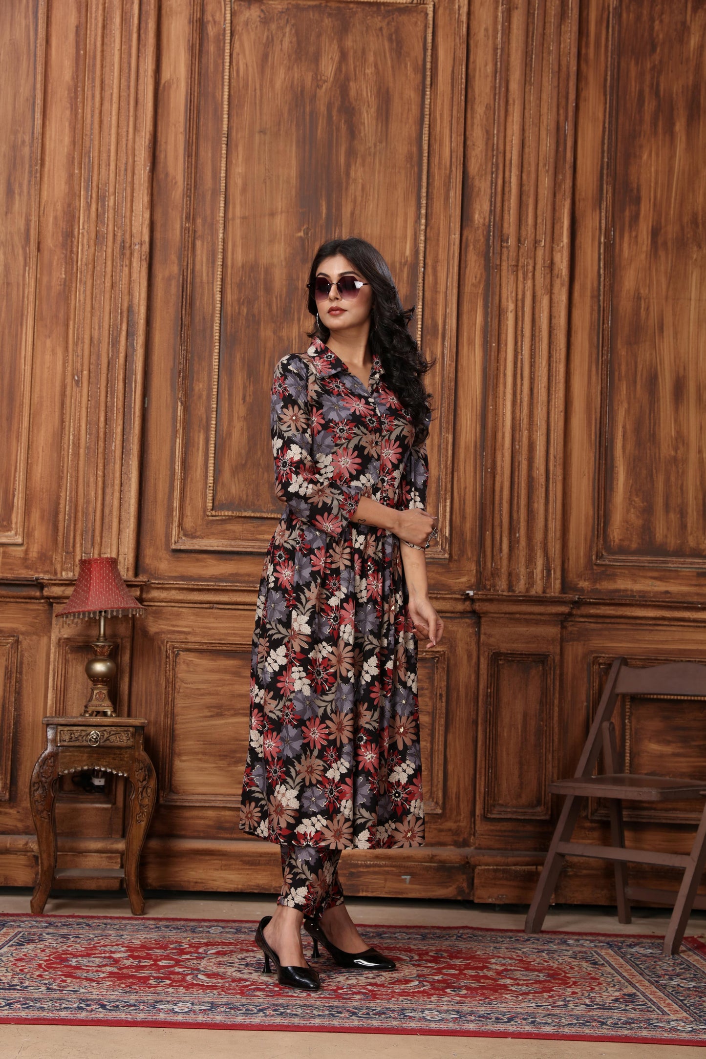 black floral printed rayon co-ord set