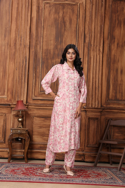Pink Floral Printed Rayon Co-Ord Set