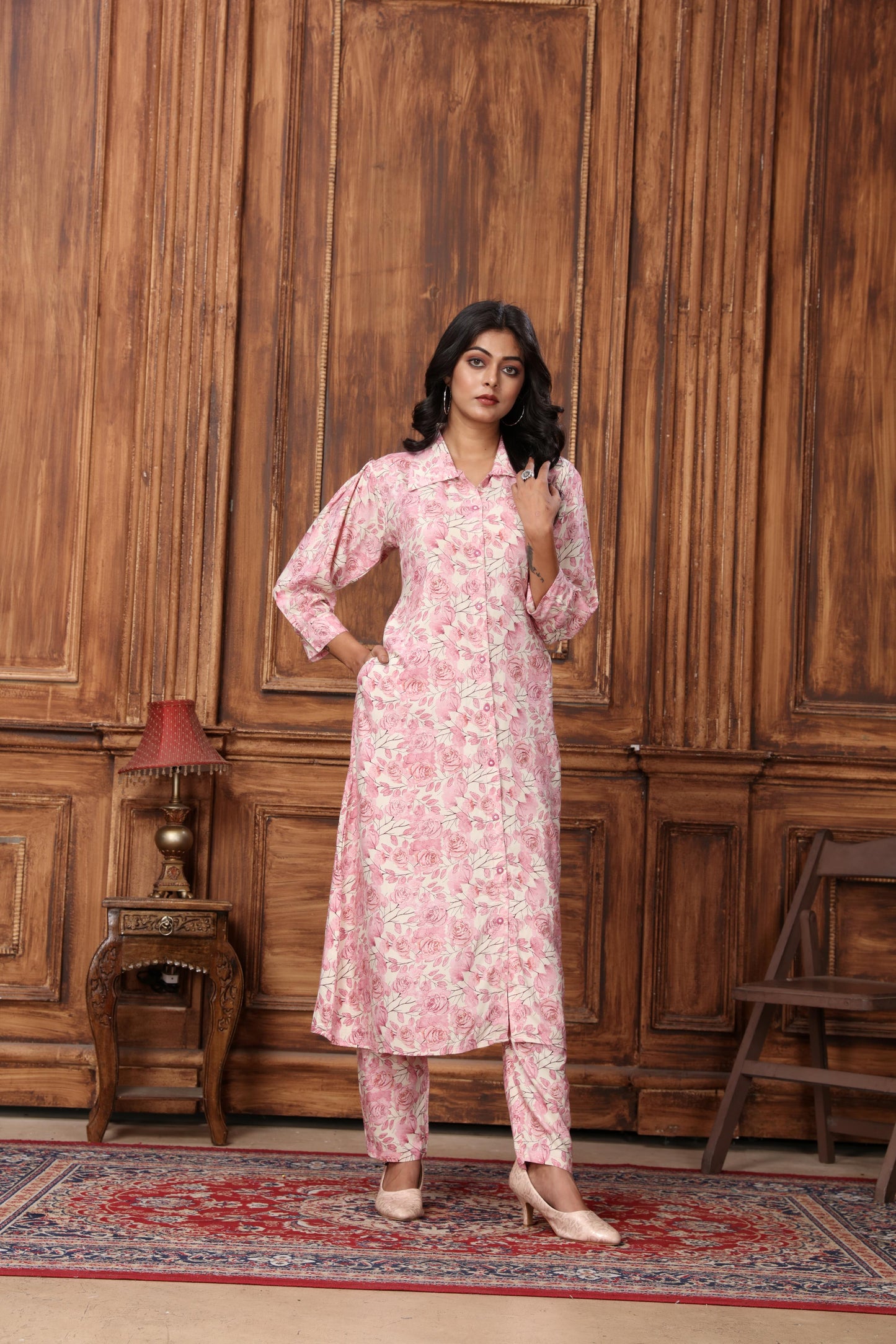 pink floral printed rayon co-ord set