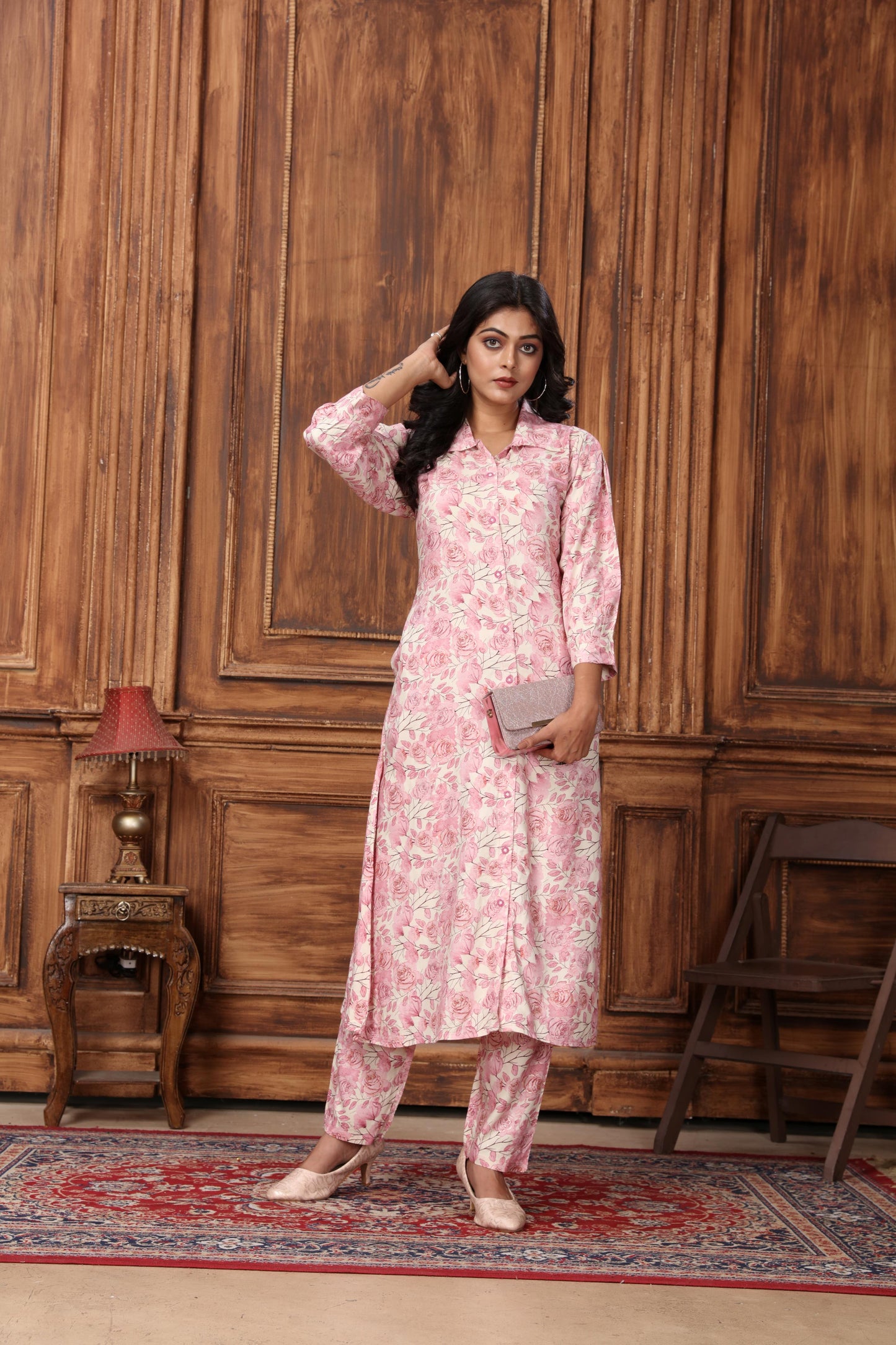 pink floral printed rayon co-ord set