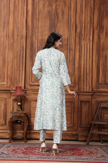 Sky Blue Floral Printed Rayon Co-Ord Set