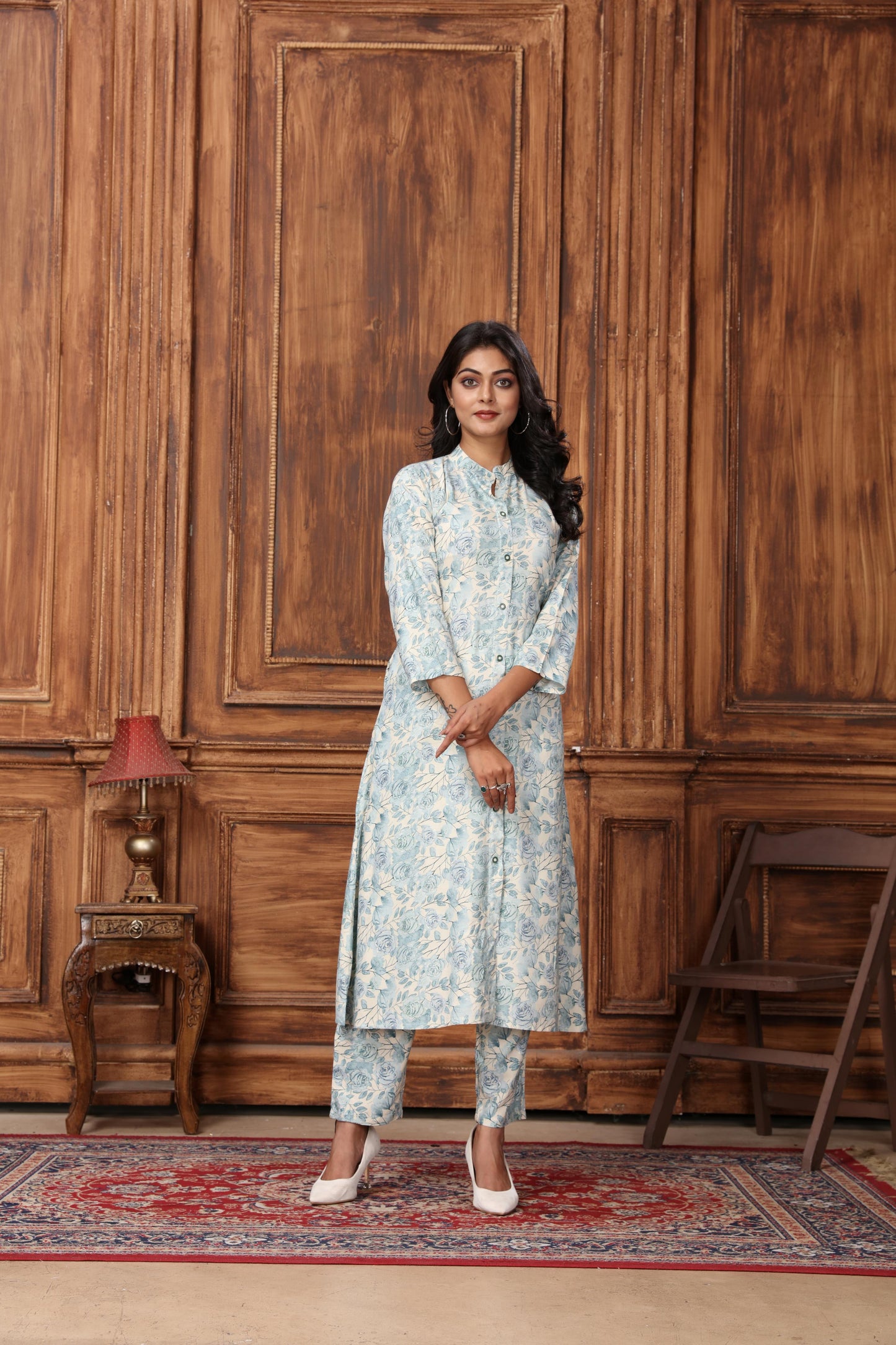 sky blue floral printed rayon co-ord set