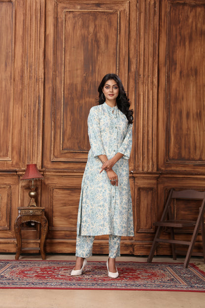 Sky Blue Floral Printed Rayon Co-Ord Set