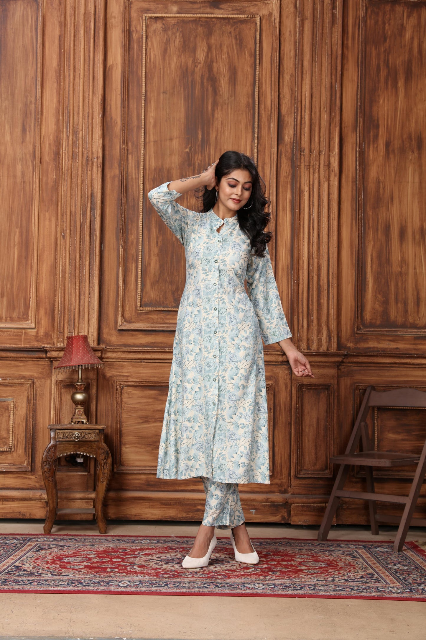 sky blue floral printed rayon co-ord set