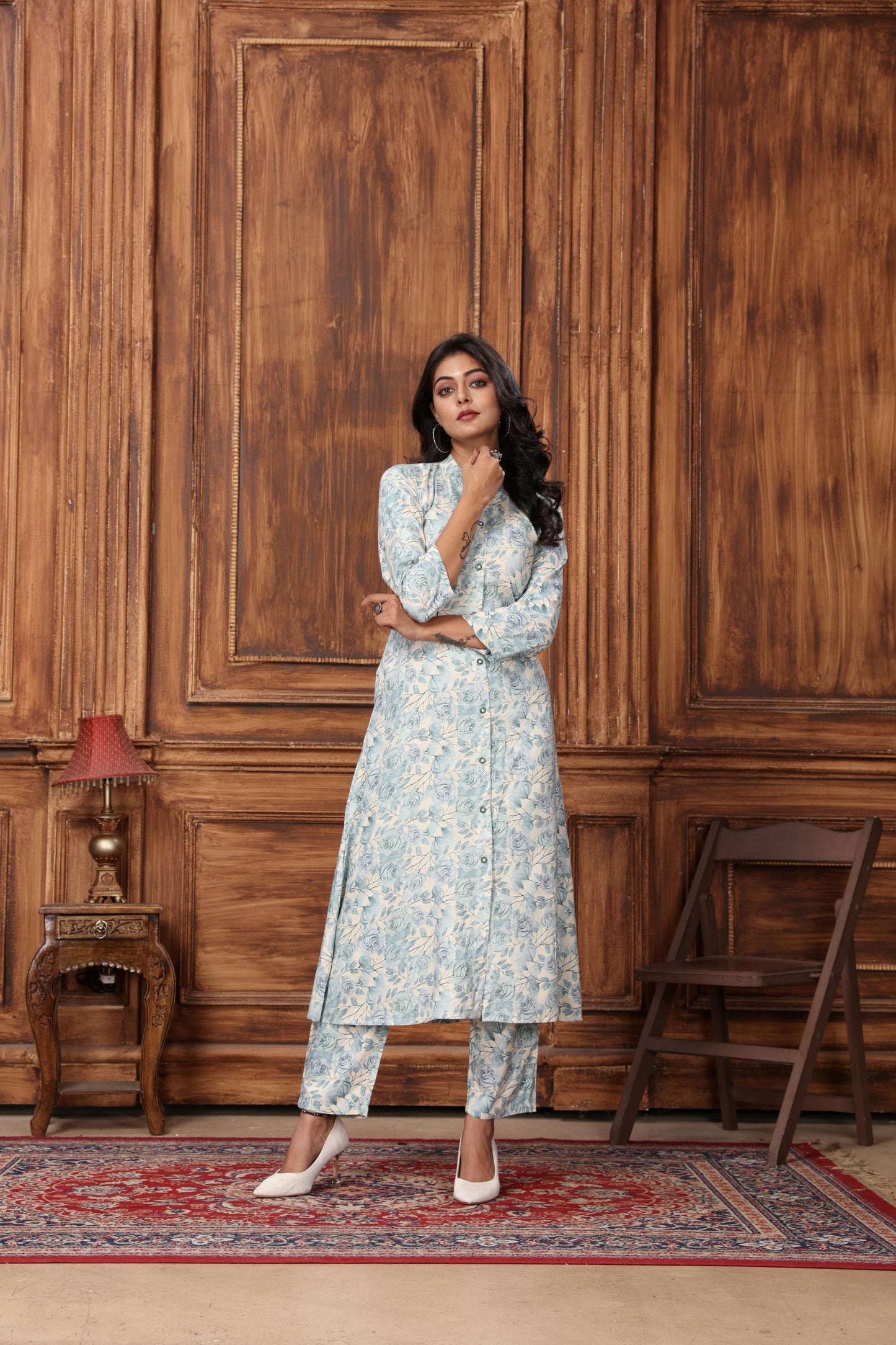 sky blue floral printed rayon co-ord set