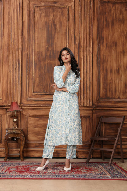 Sky Blue Floral Printed Rayon Co-Ord Set