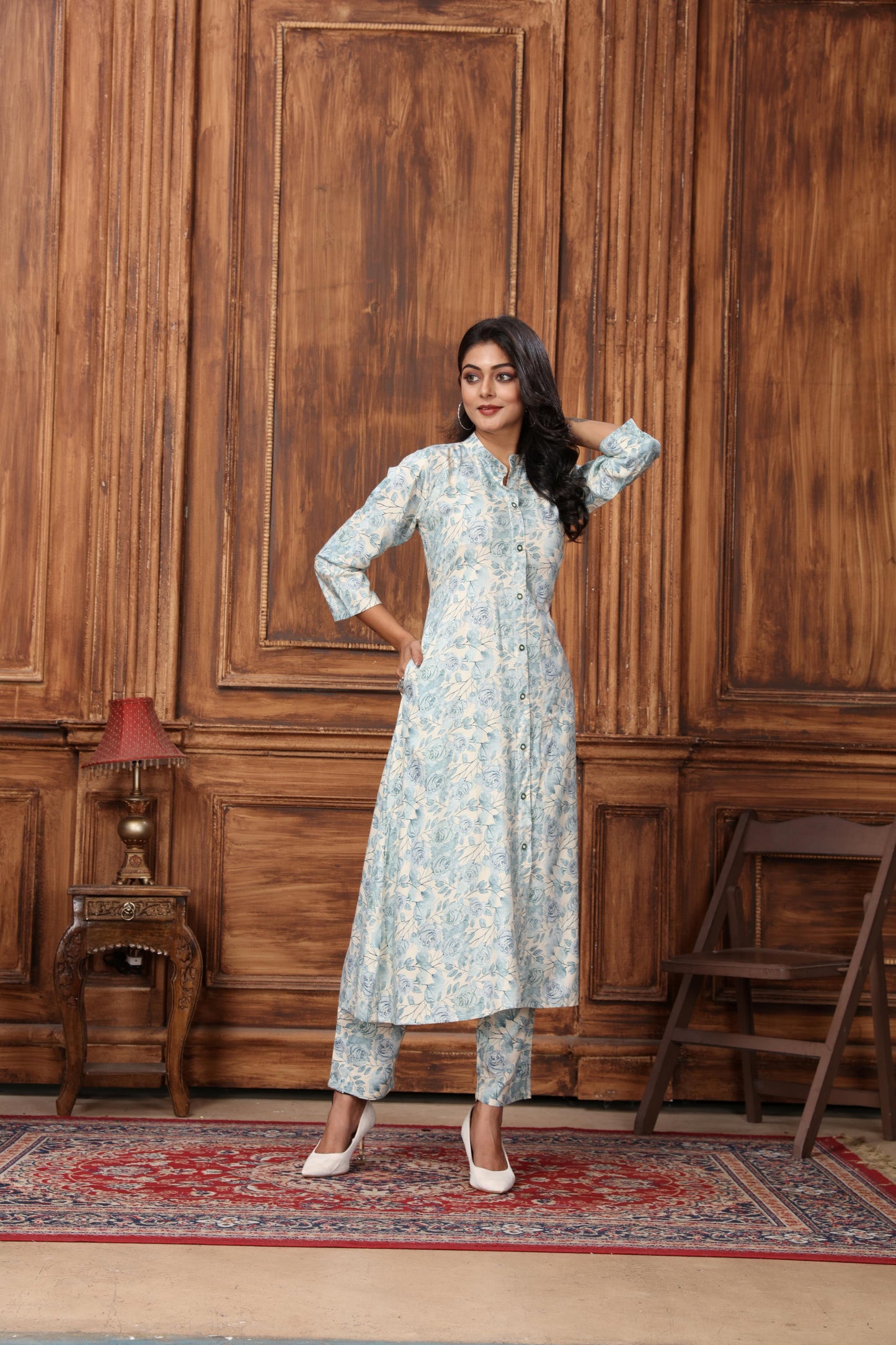 sky blue floral printed rayon co-ord set