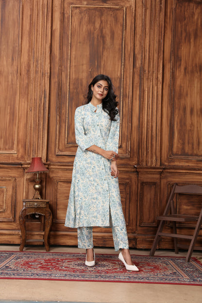 Sky Blue Floral Printed Rayon Co-Ord Set