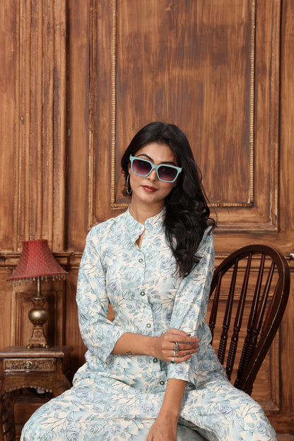 Sky Blue Floral Printed Rayon Co-Ord Set